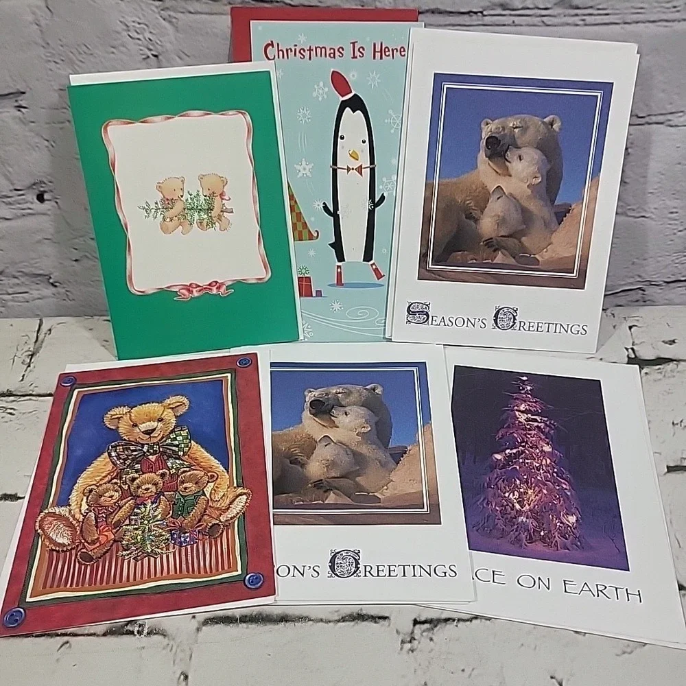 Christmas Cards Lot Of 6 Seasons Greetings Bears Penguin Peace On Earth
